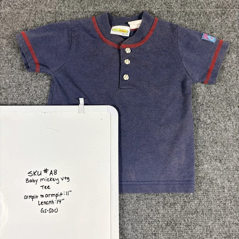 Vintage Y2K Disney Baby Shirt Boys 18M Blue Baseball Tee Baseball Buttons Faded‎